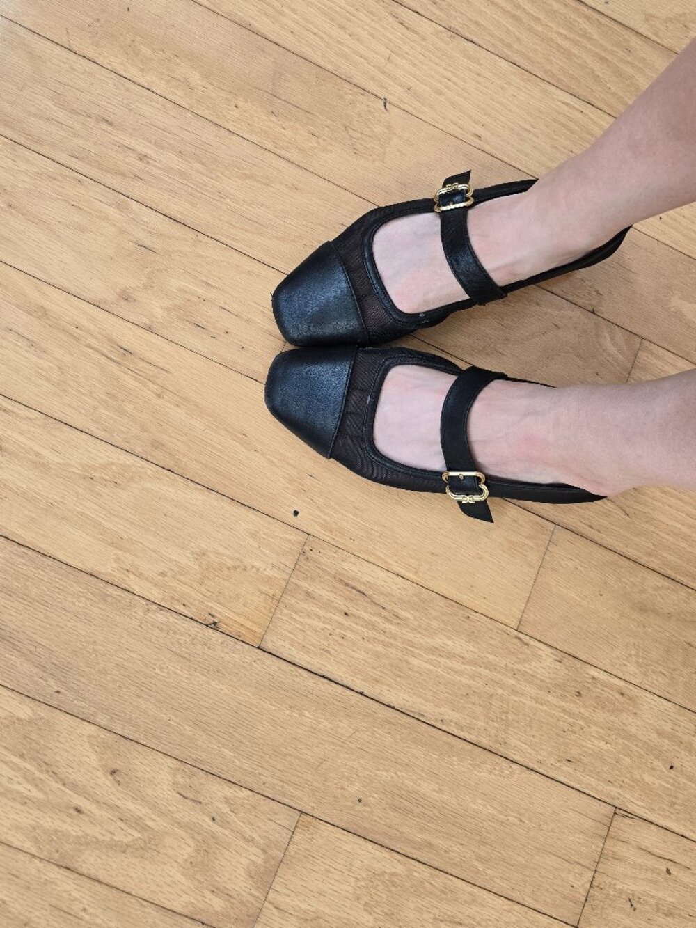 Sam Edelman | Black Mesh Leather Gold Buckle Cap Toe Mary Jane Flats | WMS 7.5